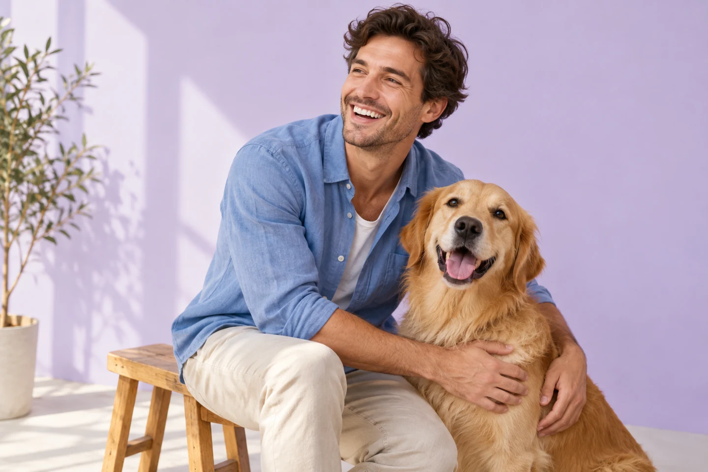 A relaxed adult in a blue shirt laughing with a friendly dog in a bright lilac portrait studio.