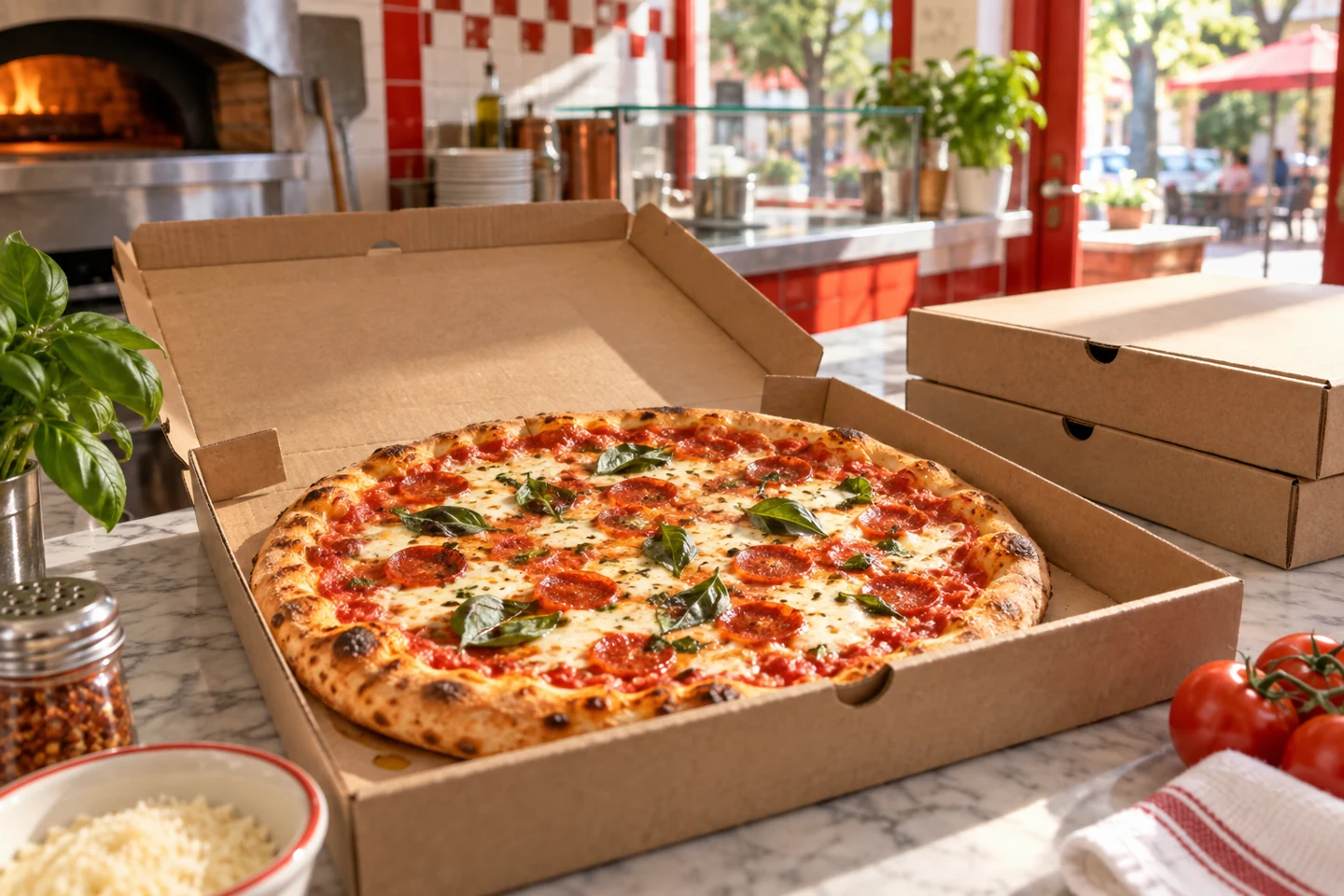 Golden-crust pizza with mozzarella, basil and pepperoni in an open kraft box on a sunlit pizzeria counter.