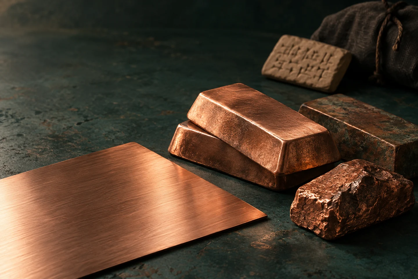 Warm copper ingots, brushed sheet and weathered metal arranged on a deep green inspection bench.