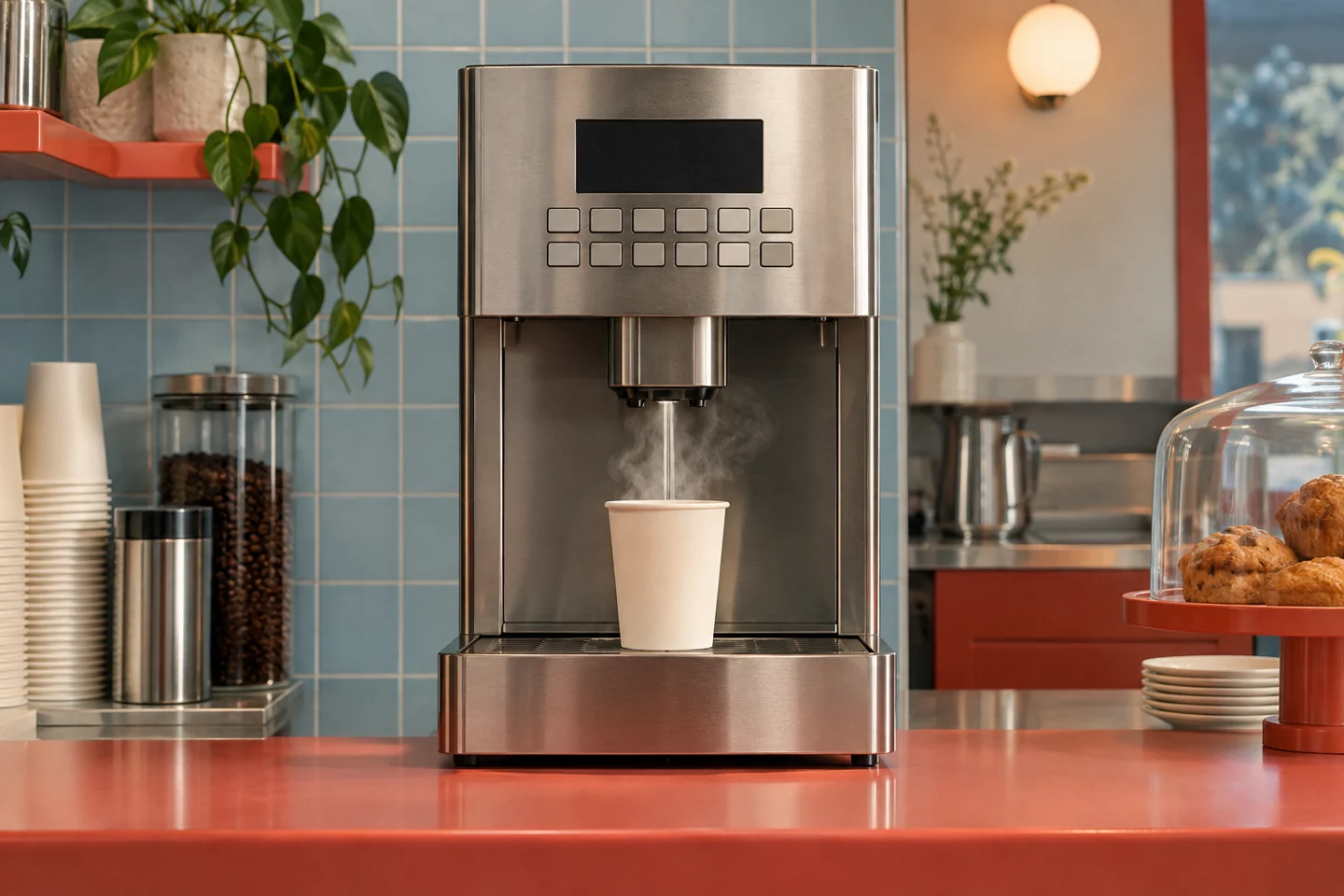 A steel coffee vending machine with a QWERTY keypad and a paper cup in a small café