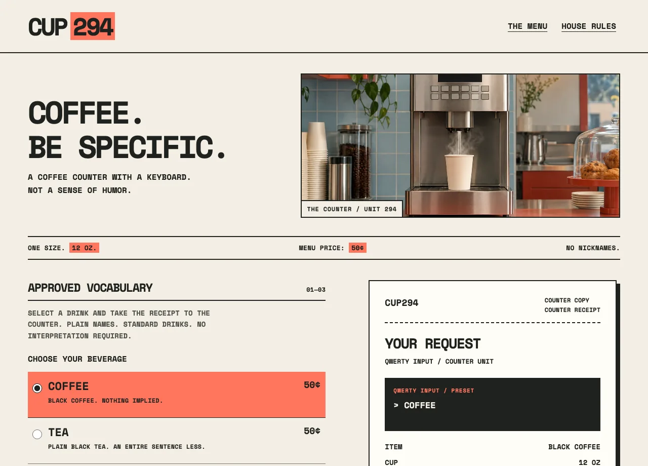 Cup 294 fictional website design screenshot