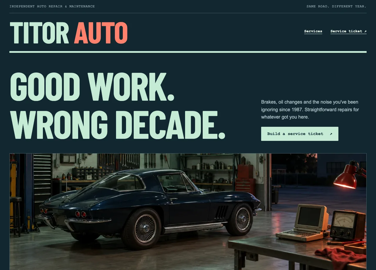 Titor Auto fictional website design screenshot